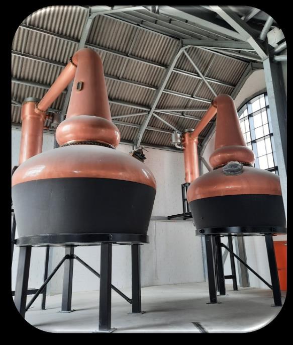 Twin copper pot stills inside Dartmoor Distillery